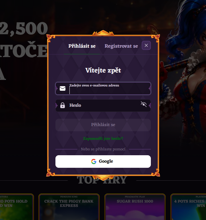 Přihlašovací formulář Happy Jokers Casino s možností přihlášení přes Google