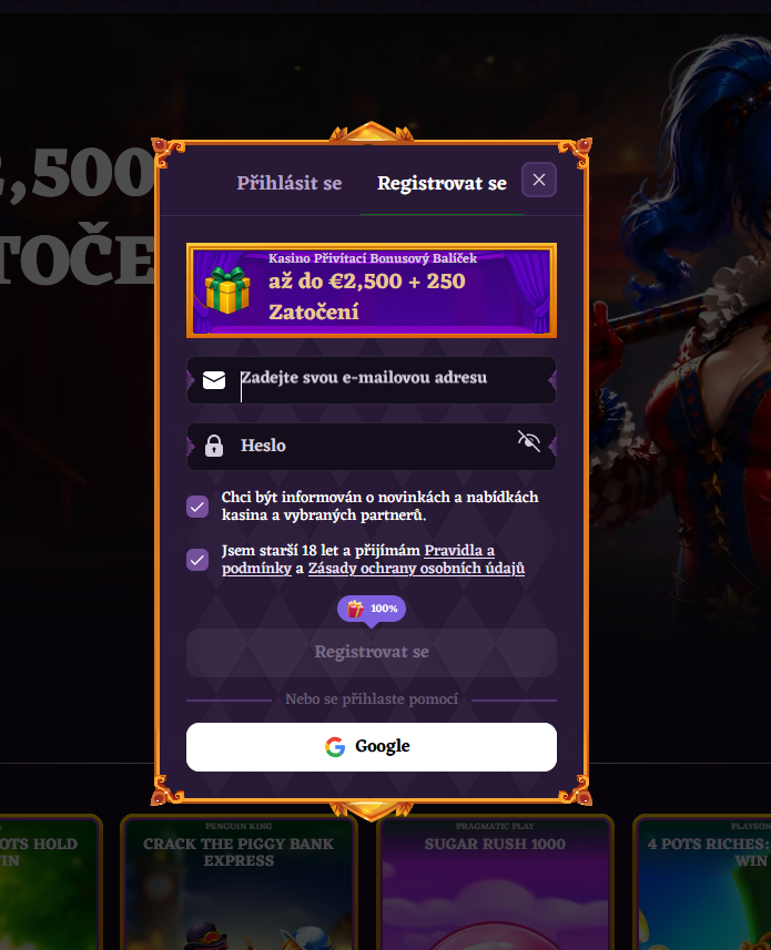 Registrační formulář nového účtu v Happy Jokers Casino